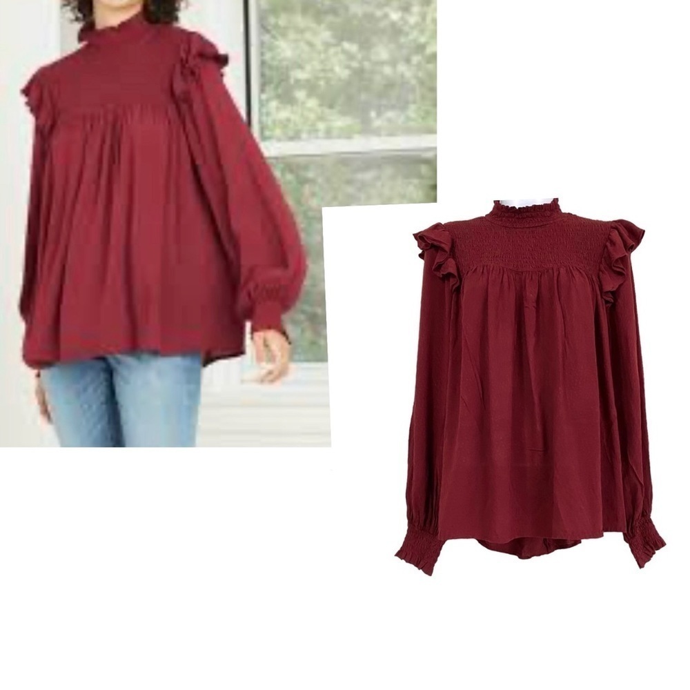 Knox Rose Burgundy Smocked Ruffle Cottagecore Boho Long Sleeve Blouse Medium